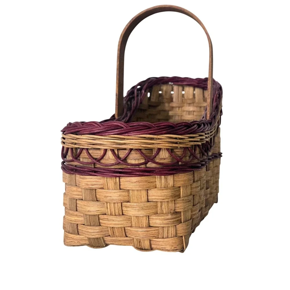 Vintage Signed Artisan Woven Splint Garden Gathering Basket Wood Handle 1996
